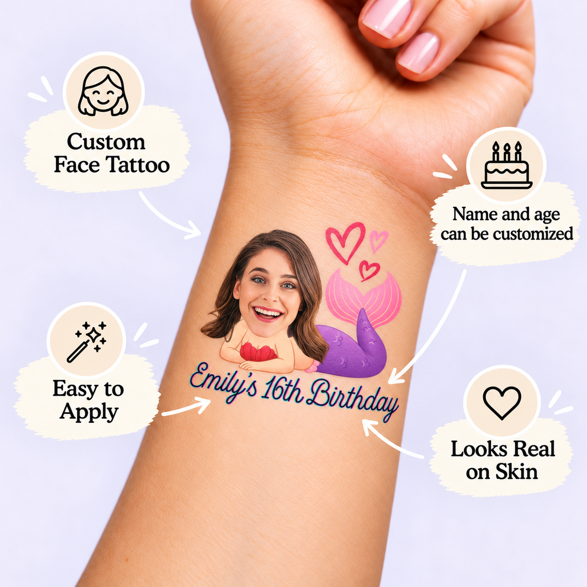 Whimsical Mermaid Birthday temporary tattoo personalization guide: custom face tattoo; name and age can be customized. Easy to apply.