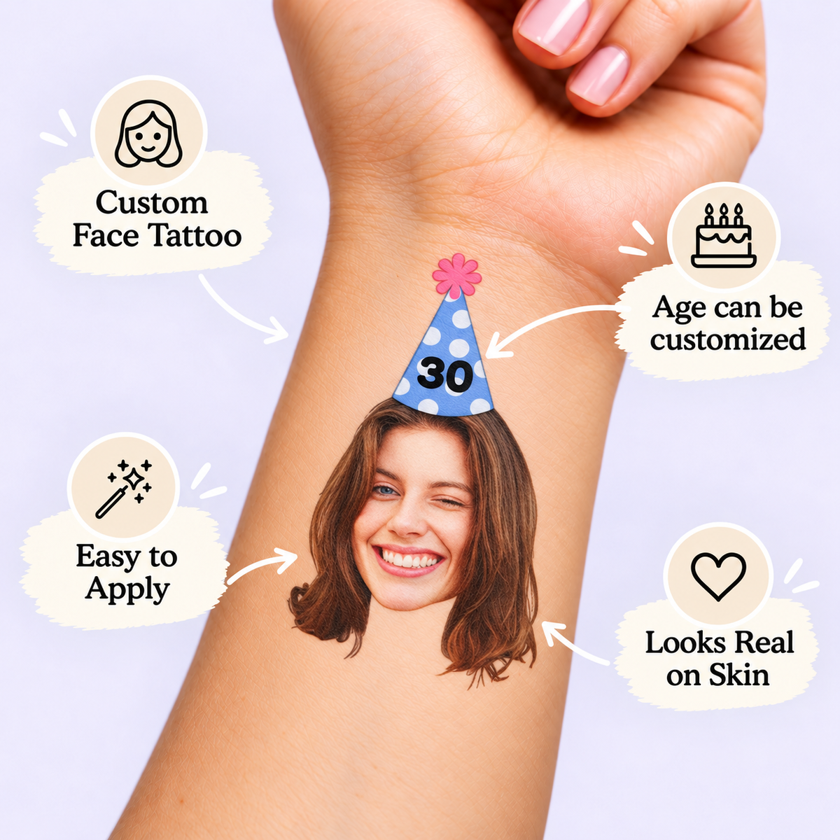Blue Polka Dot Party Hat temporary tattoo personalization guide: custom face tattoo; age can be customized. Easy to apply.