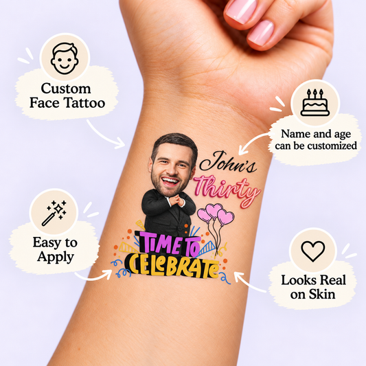 Vibrant Time to Celebrate temporary tattoo personalization guide: custom face tattoo; name and age can be customized. Easy to apply.