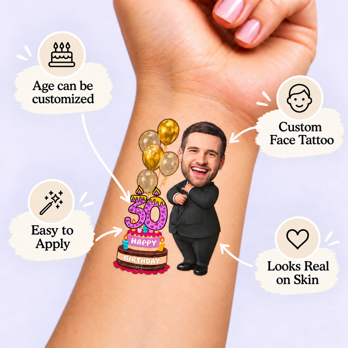 Classy Black Suit & Birthday Cake temporary tattoo personalization guide: custom face tattoo; age can be customized. Easy to apply.