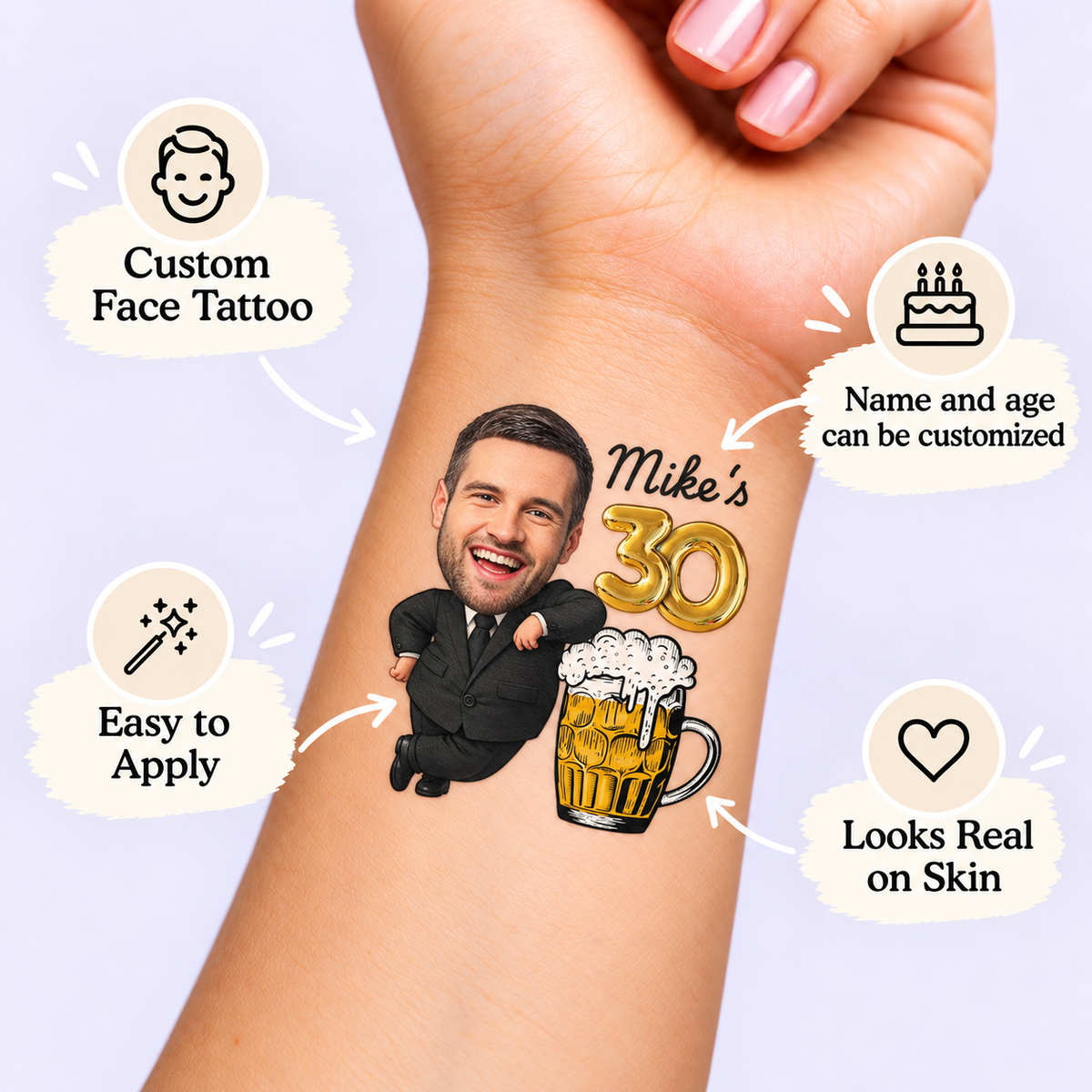 Suit & Beer Birthday temporary tattoo personalization guide: custom face tattoo; name and age can be customized. Easy to apply.