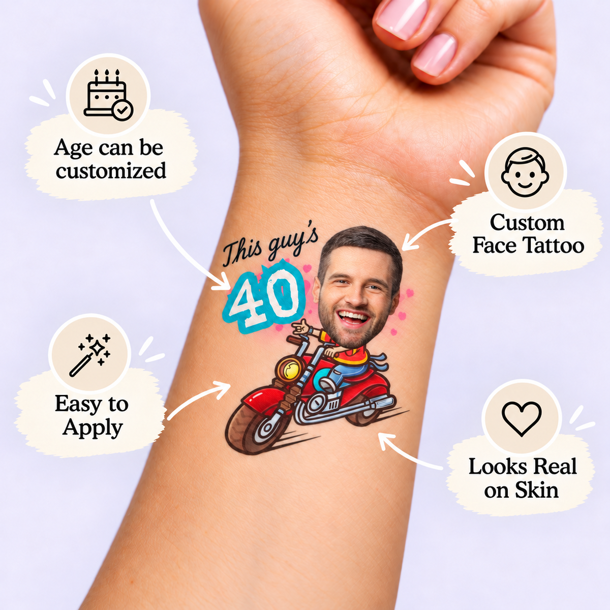 Motorcycle Rider Birthday temporary tattoo personalization guide: custom face tattoo; age can be customized. Easy to apply.