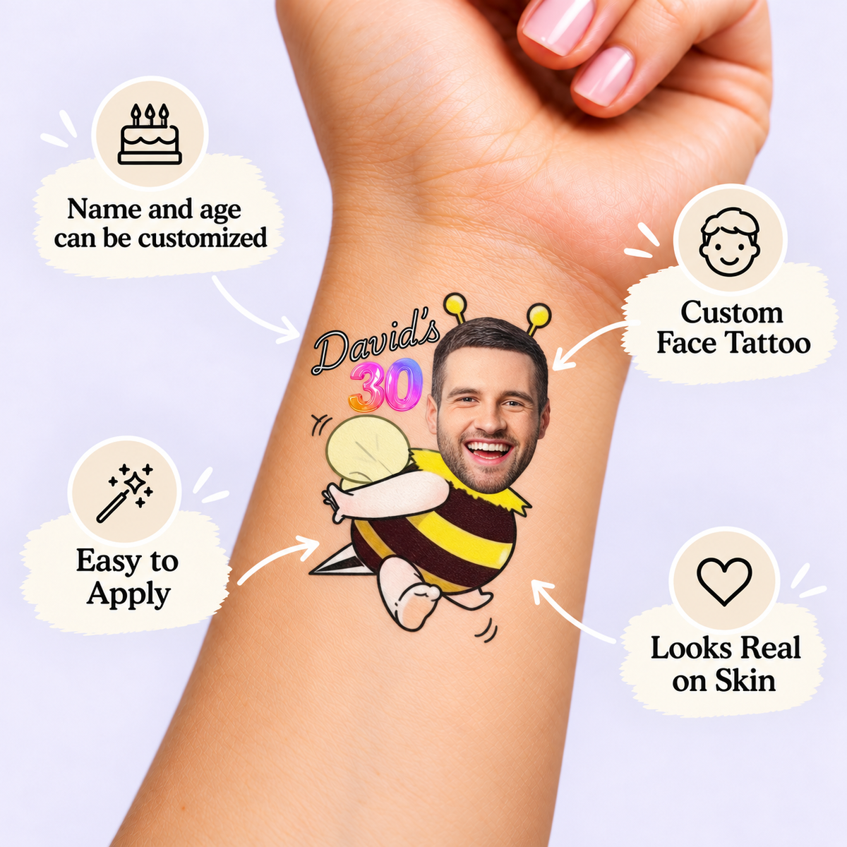 Bumblebee Birthday temporary tattoo personalization guide: custom face tattoo; name and age can be customized. Easy to apply.