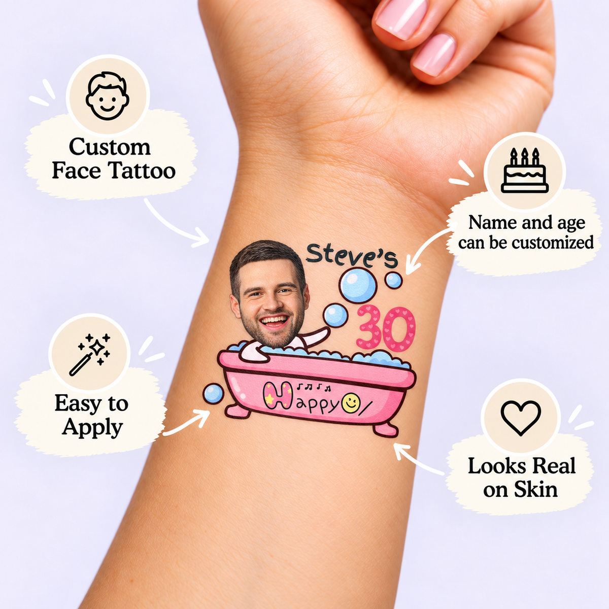 Pink Bathtub Birthday Party temporary tattoo personalization guide: custom face tattoo; name and age can be customized. Easy to apply.