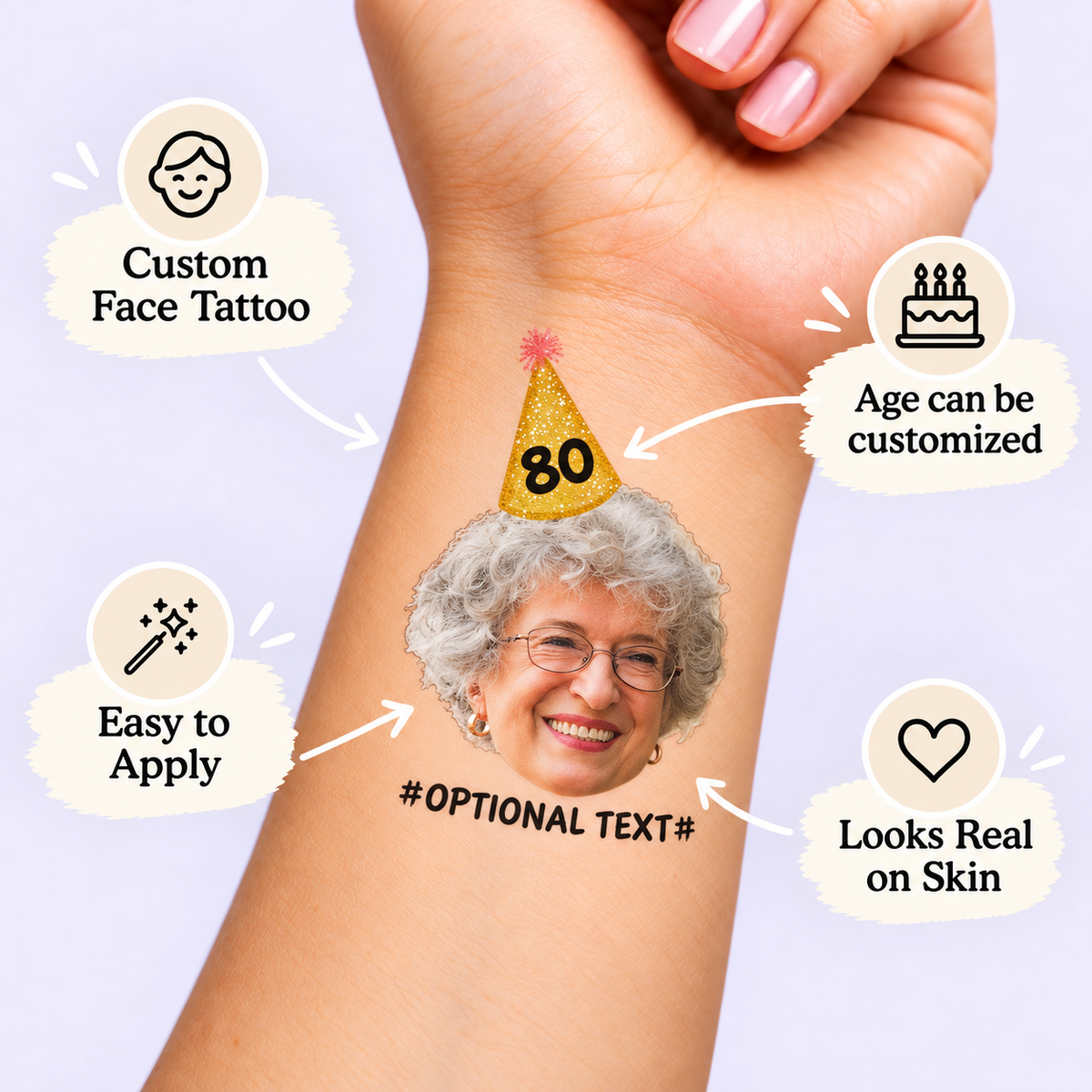 Gold Glitter Milestone temporary tattoo personalization guide: custom face tattoo; age can be customized. Easy to apply.