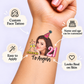 Pink Polka Dot Party temporary tattoo personalization guide: custom face tattoo; name and age can be customized. Easy to apply.