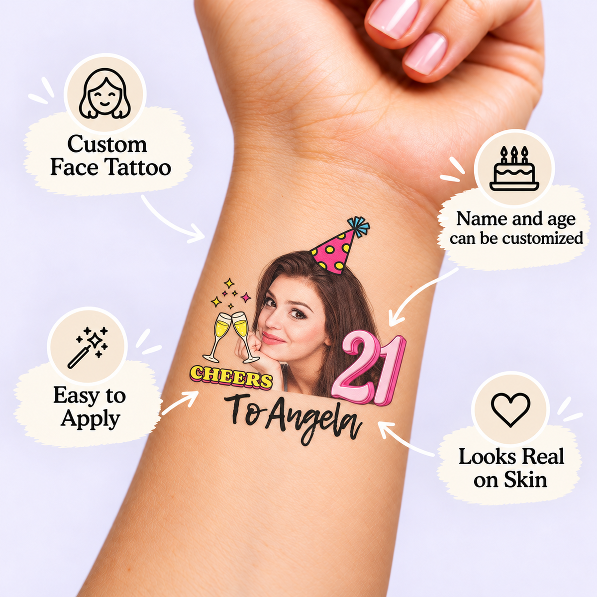 Pink Polka Dot Party temporary tattoo personalization guide: custom face tattoo; name and age can be customized. Easy to apply.