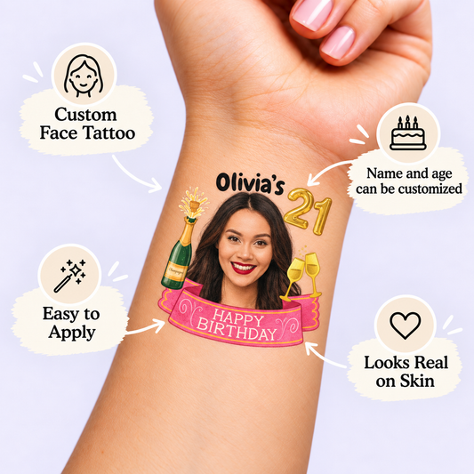 Pink Champagne Celebration Banner temporary tattoo personalization guide: custom face tattoo; name and age can be customized. Easy to apply.