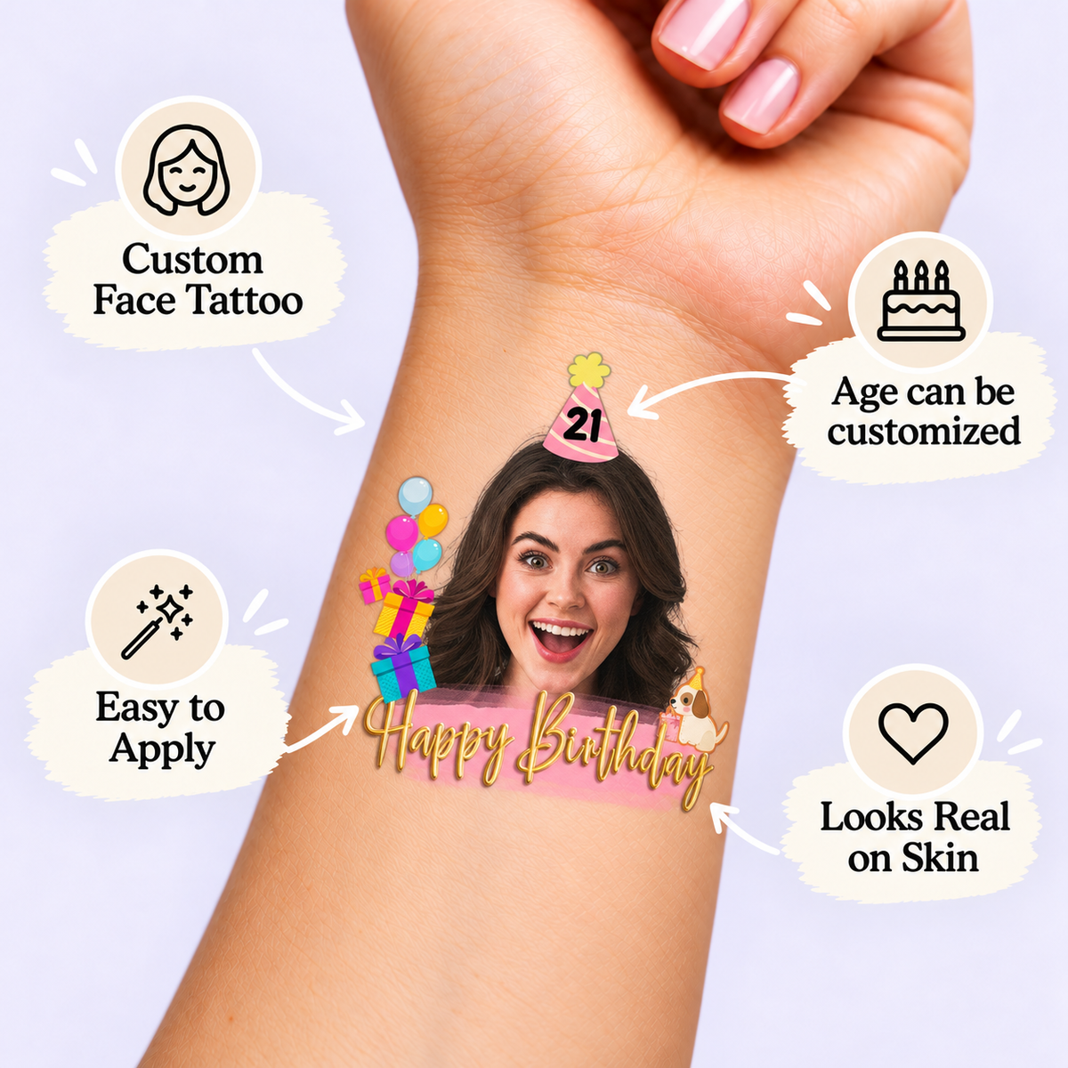 Sweet Pink Gifts & Puppy temporary tattoo personalization guide: custom face tattoo; age can be customized. Easy to apply.