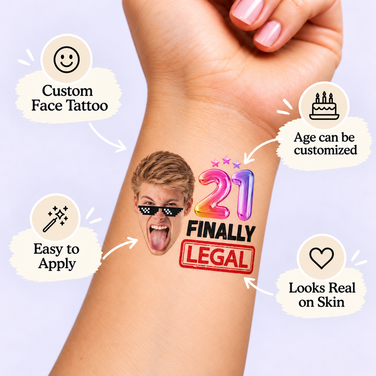 Finally Legal Party temporary tattoo personalization guide: custom face tattoo; age can be customized. Easy to apply.