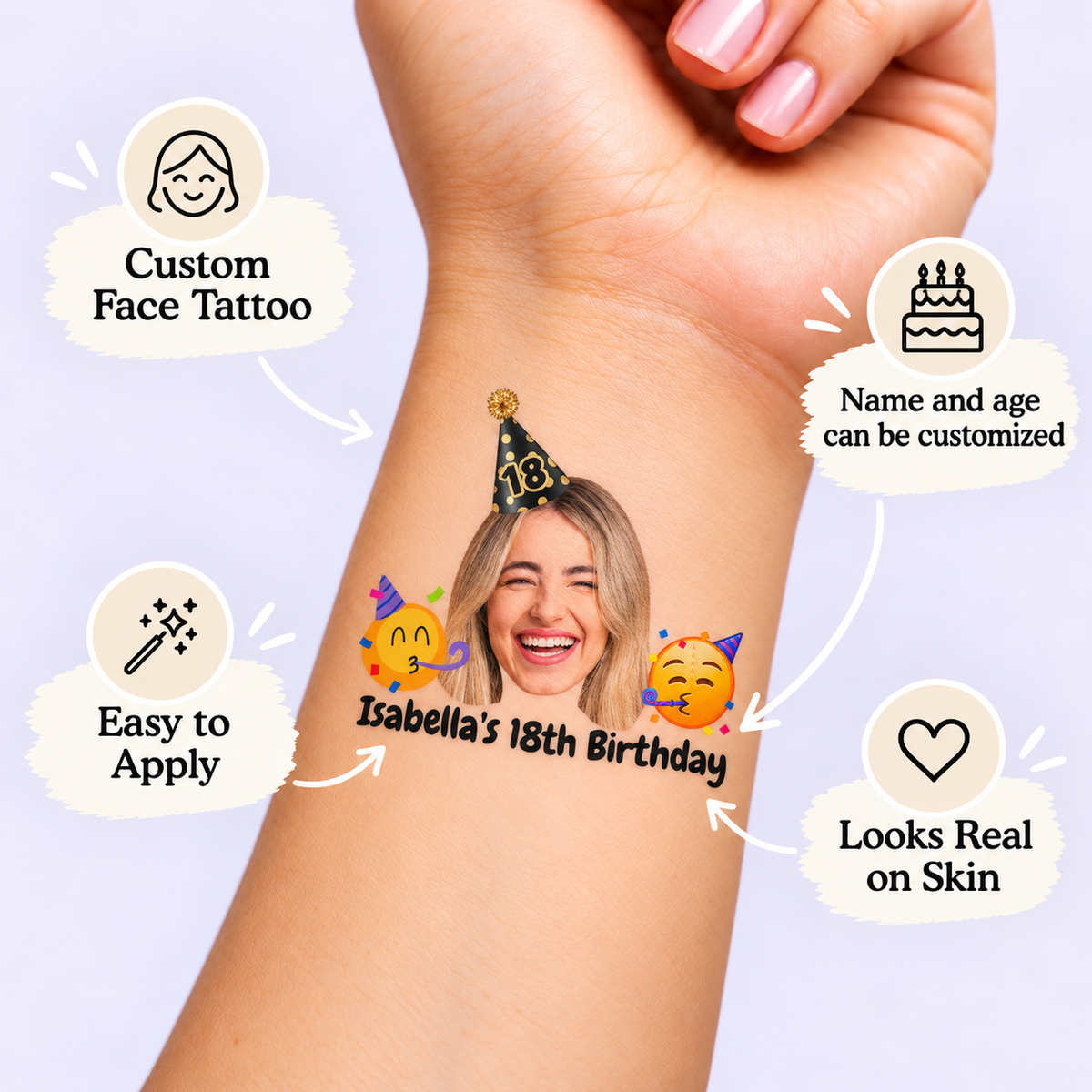 Fun Emoji Party Birthday temporary tattoo personalization guide: custom face tattoo; name and age can be customized. Easy to apply.