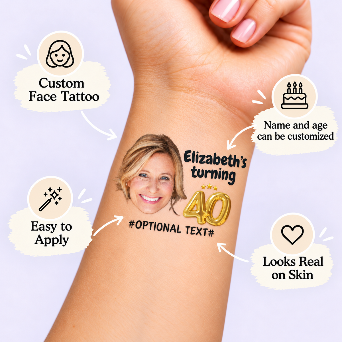 Modern Gold Balloon Birthday temporary tattoo personalization guide: custom face tattoo; name and age can be customized. Easy to apply.