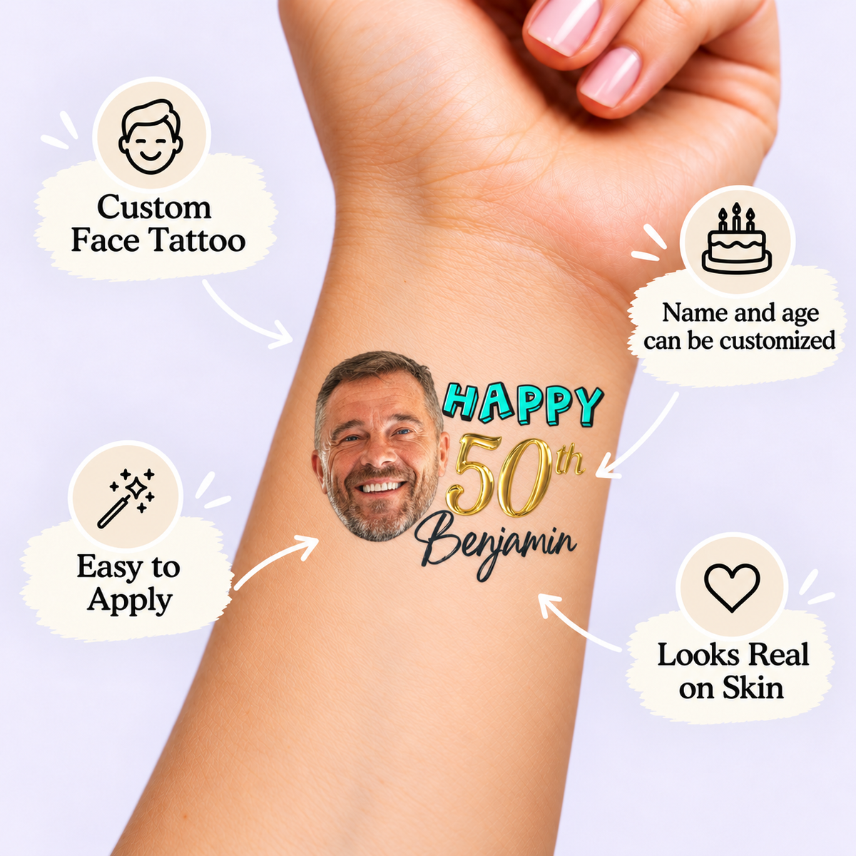 Happy Birthday Photo & Name temporary tattoo personalization guide: custom face tattoo; name and age can be customized. Easy to apply.