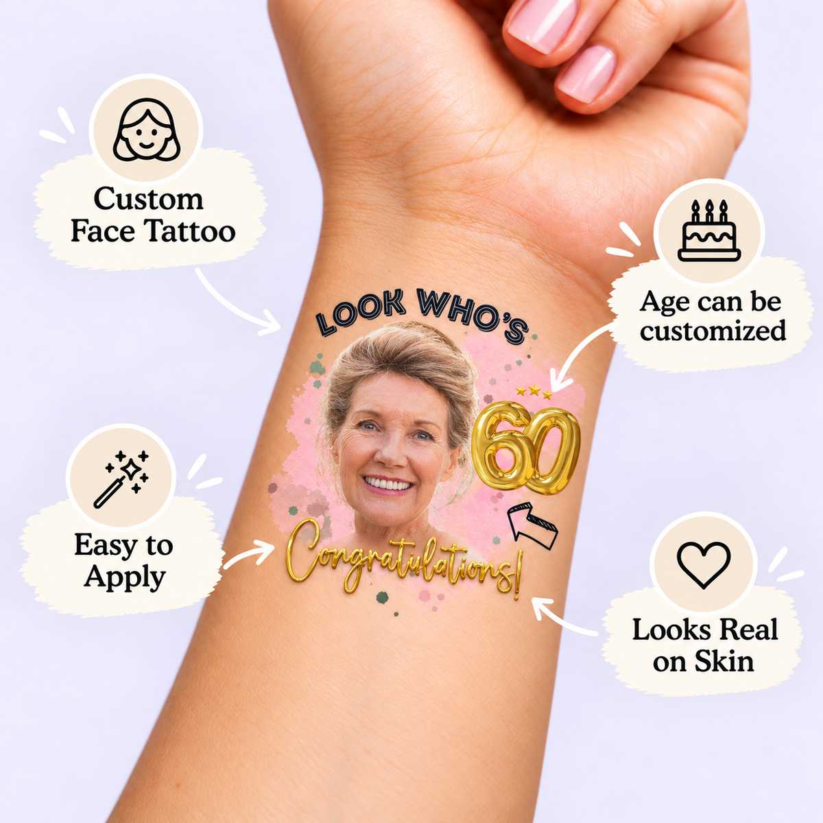 Congratulations Birthday Portrait temporary tattoo personalization guide: custom face tattoo; age can be customized. Easy to apply.
