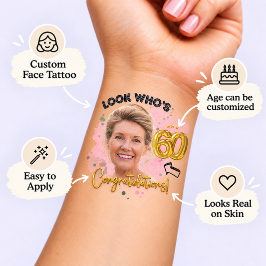 Congratulations Birthday Portrait temporary tattoo personalization guide: custom face tattoo; age can be customized. Easy to apply.