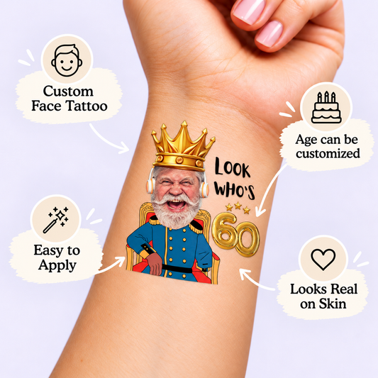 Royal Birthday King temporary tattoo personalization guide: custom face tattoo; age can be customized. Easy to apply.