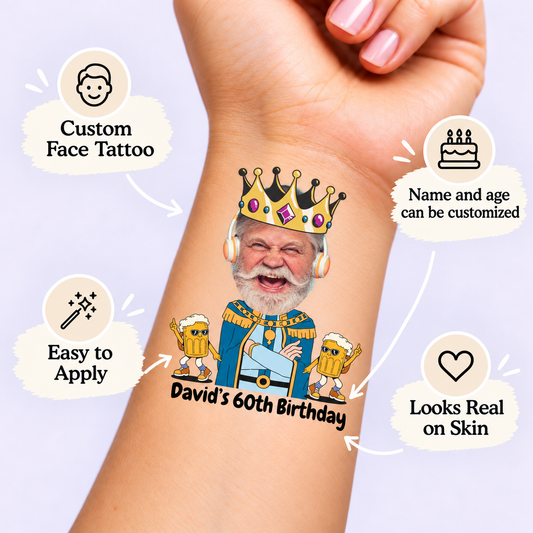 Birthday King & Beer temporary tattoo personalization guide: custom face tattoo; name and age can be customized. Easy to apply.