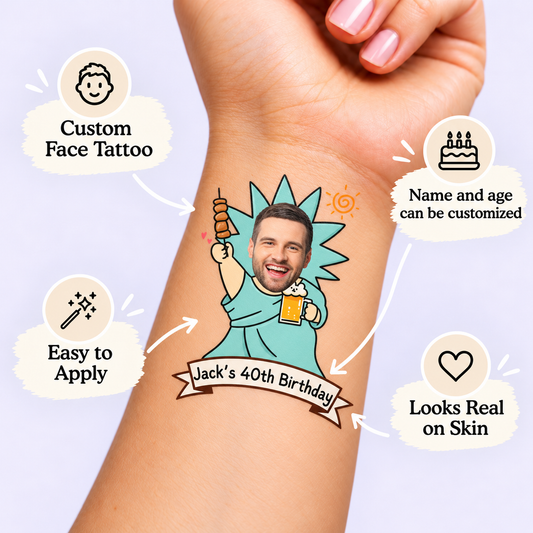 Statue of Liberty BBQ & Beer temporary tattoo personalization guide: custom face tattoo; name and age can be customized. Easy to apply.