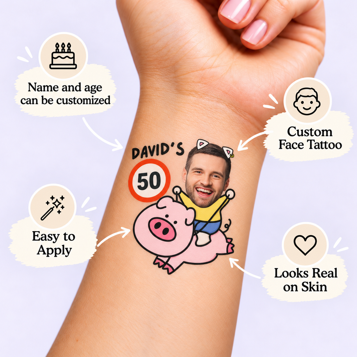 Pig Rider Birthday temporary tattoo personalization guide: custom face tattoo; name and age can be customized. Easy to apply.