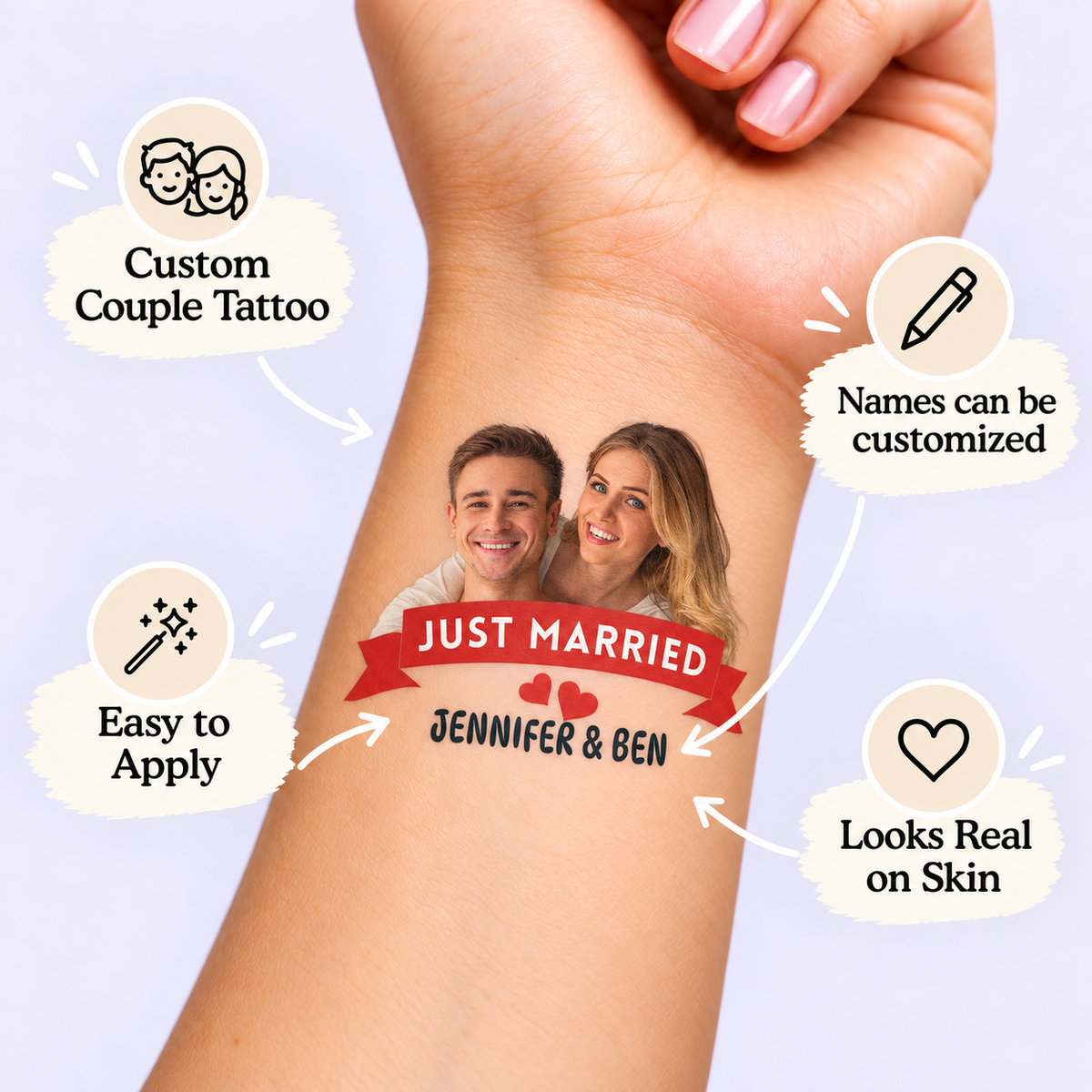 Just Married Banner temporary tattoo personalization guide: custom couple tattoo; names can be customized. Easy to apply.