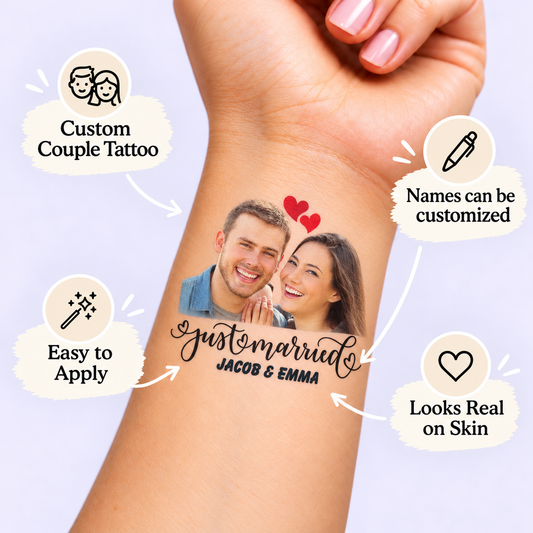 Just Married temporary tattoo personalization guide: custom couple tattoo; names can be customized. Easy to apply.
