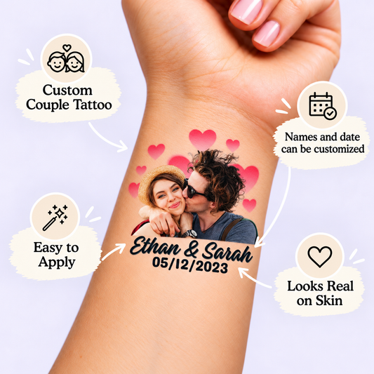 Newlywed Bliss temporary tattoo personalization guide: custom couple tattoo; names and date can be customized. Easy to apply.