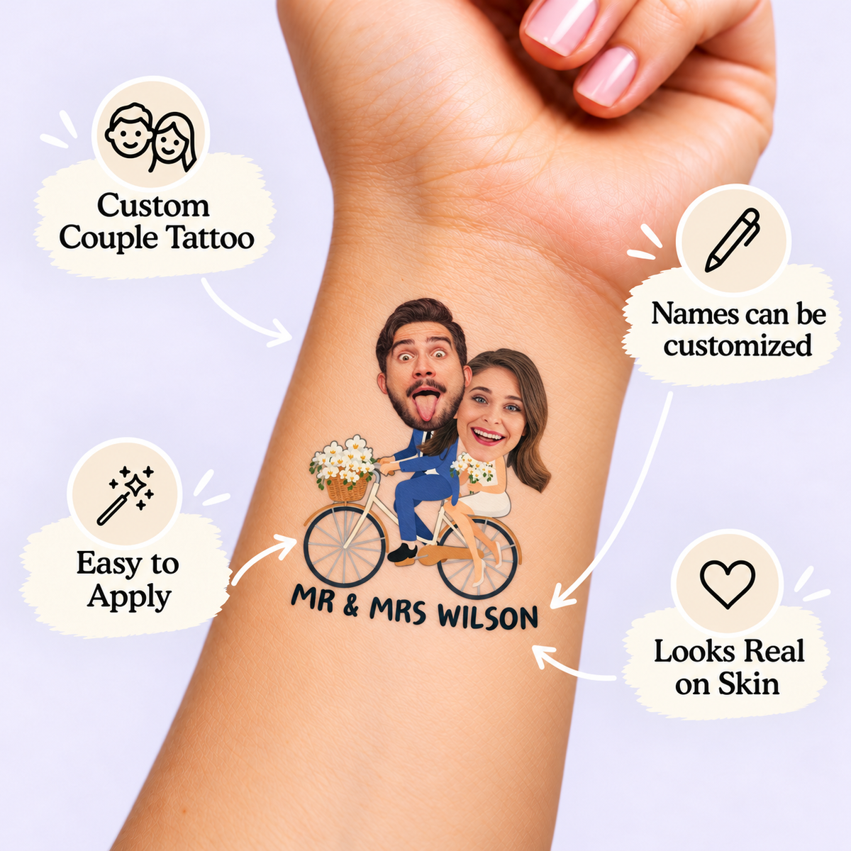 Pedaling into Forever temporary tattoo personalization guide: custom couple tattoo; names can be customized. Easy to apply.