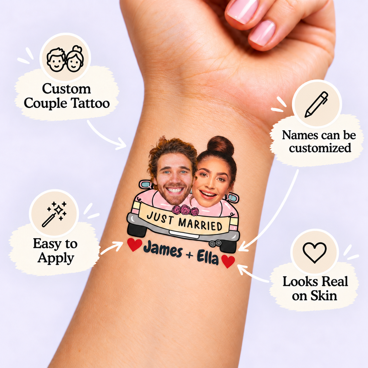Just Married Car Ride temporary tattoo personalization guide: custom couple tattoo; names can be customized. Easy to apply.