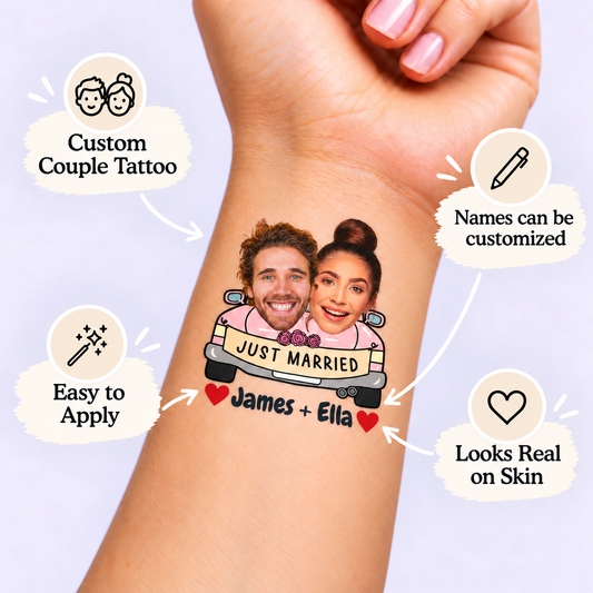 Just Married Car Ride temporary tattoo personalization guide: custom couple tattoo; names can be customized. Easy to apply.