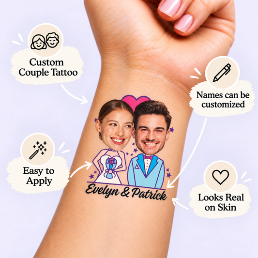 Bright Modern Couple temporary tattoo personalization guide: custom couple tattoo; names can be customized. Easy to apply.
