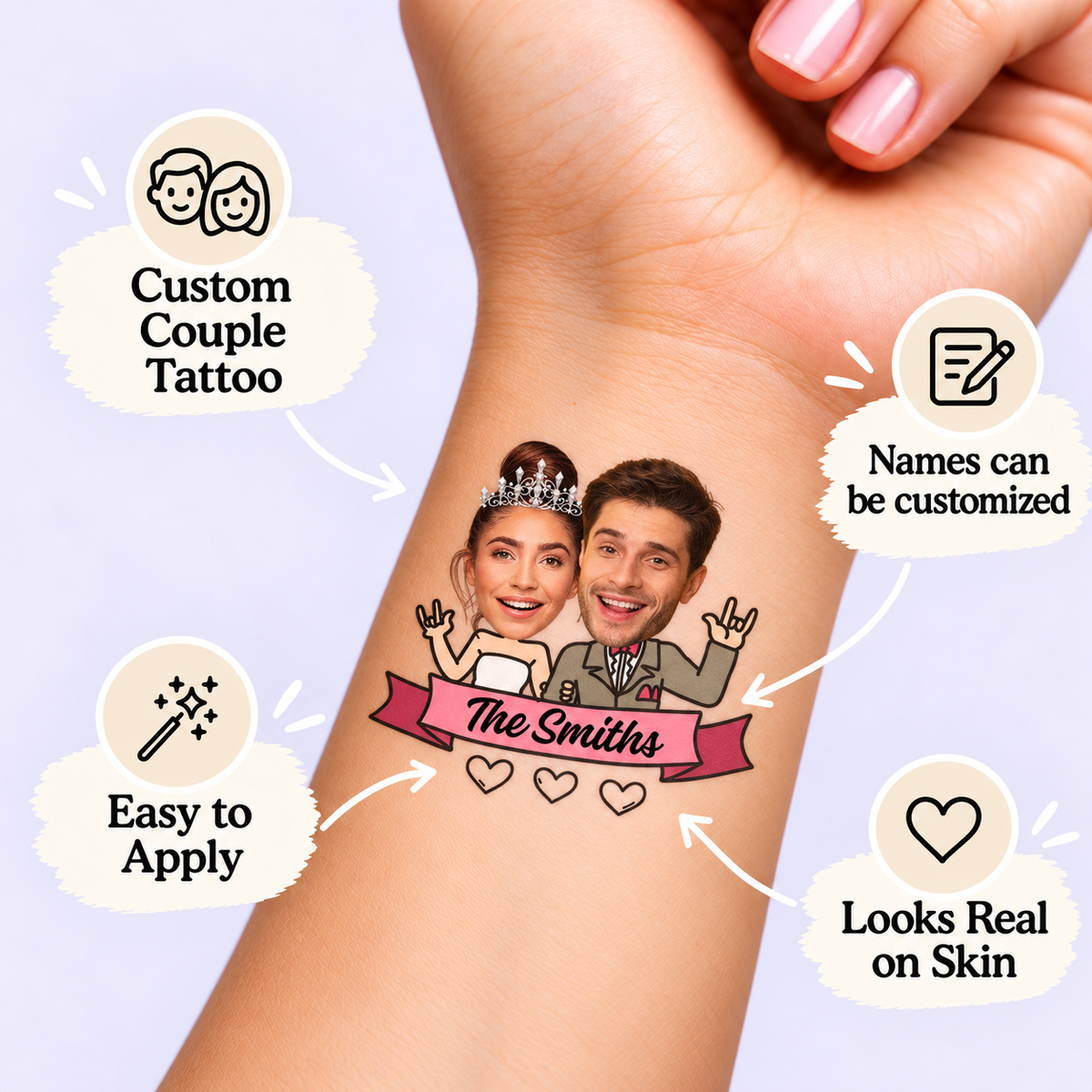 Rockstar Couple temporary tattoo personalization guide: custom couple tattoo; names can be customized. Easy to apply.