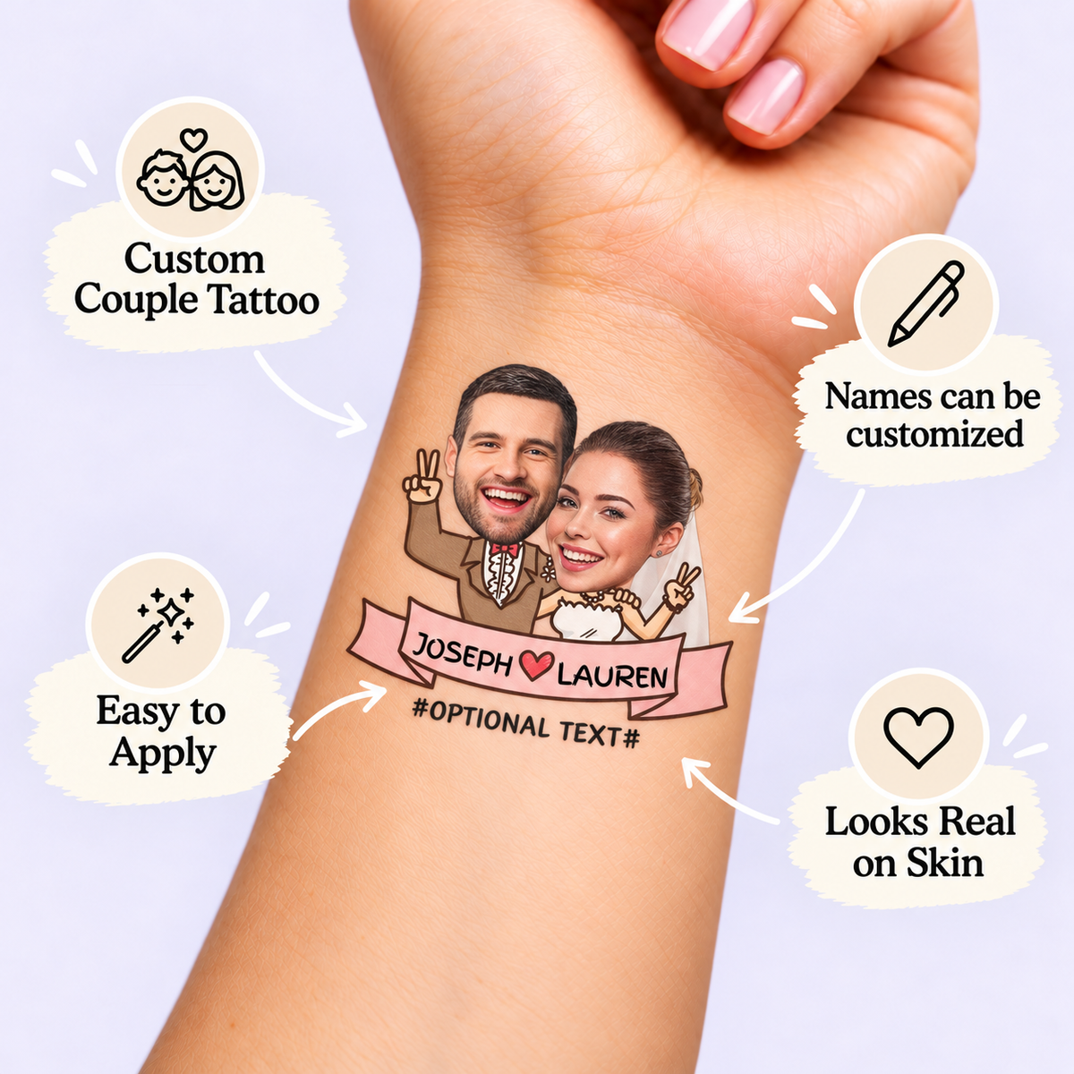 Peace and Love temporary tattoo personalization guide: custom couple tattoo; names can be customized. Easy to apply.