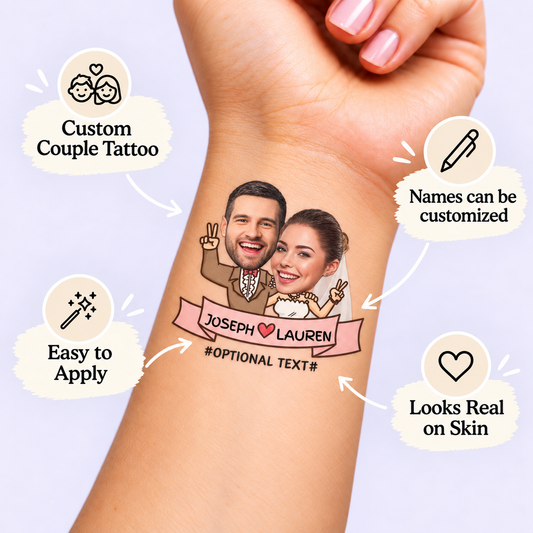 Peace and Love temporary tattoo personalization guide: custom couple tattoo; names can be customized. Easy to apply.