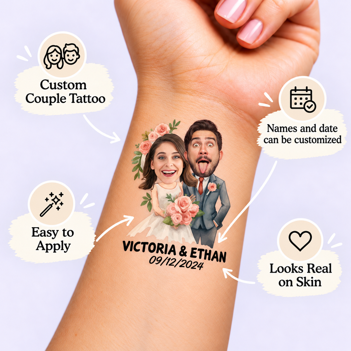 Floral Fun temporary tattoo personalization guide: custom couple tattoo; names and date can be customized. Easy to apply.