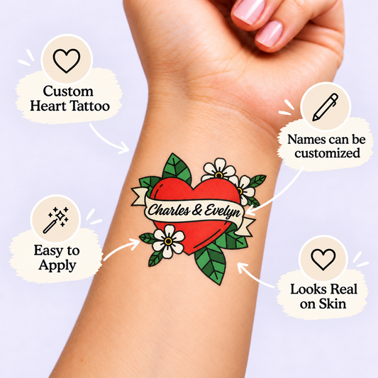 American Traditional Red Heart temporary tattoo personalization guide: custom heart tattoo; names can be customized. Easy to apply.