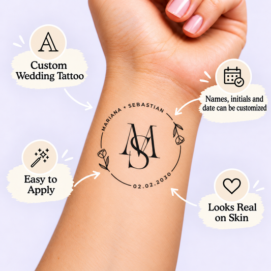 Circle Monogram temporary tattoo personalization guide: custom wedding tattoo; names, initials and date can be customized. Easy to apply.