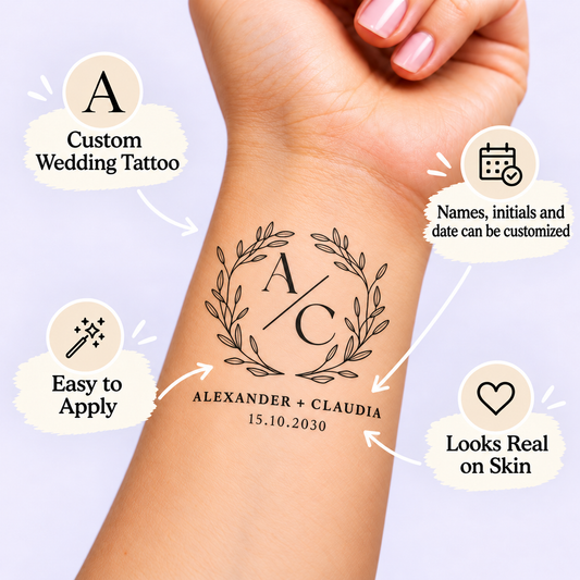 Floral Wreath Monogram temporary tattoo personalization guide: custom wedding tattoo; names, initials and date can be customized. Easy to apply.