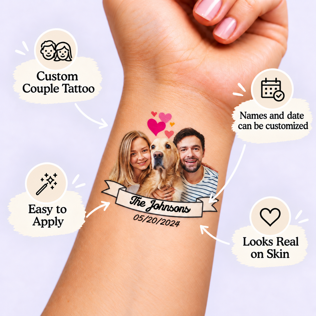 The Furry Family temporary tattoo personalization guide: custom couple tattoo; names and date can be customized. Easy to apply.