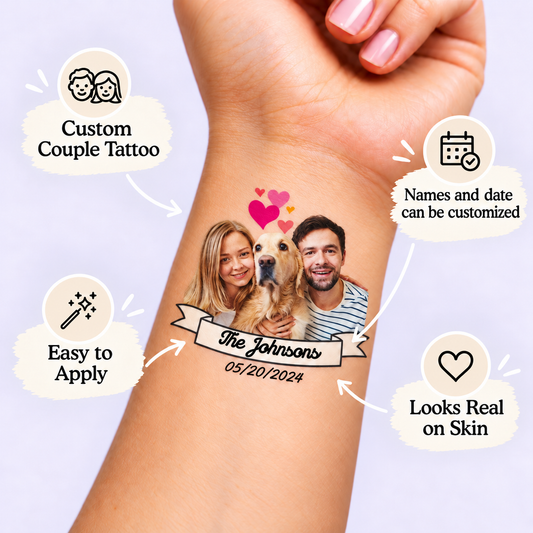 The Furry Family temporary tattoo personalization guide: custom couple tattoo; names and date can be customized. Easy to apply.