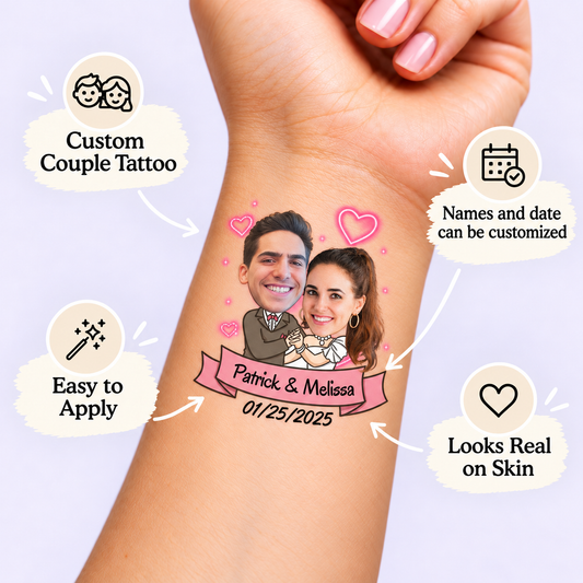 First Dance temporary tattoo personalization guide: custom couple tattoo; names and date can be customized. Easy to apply.