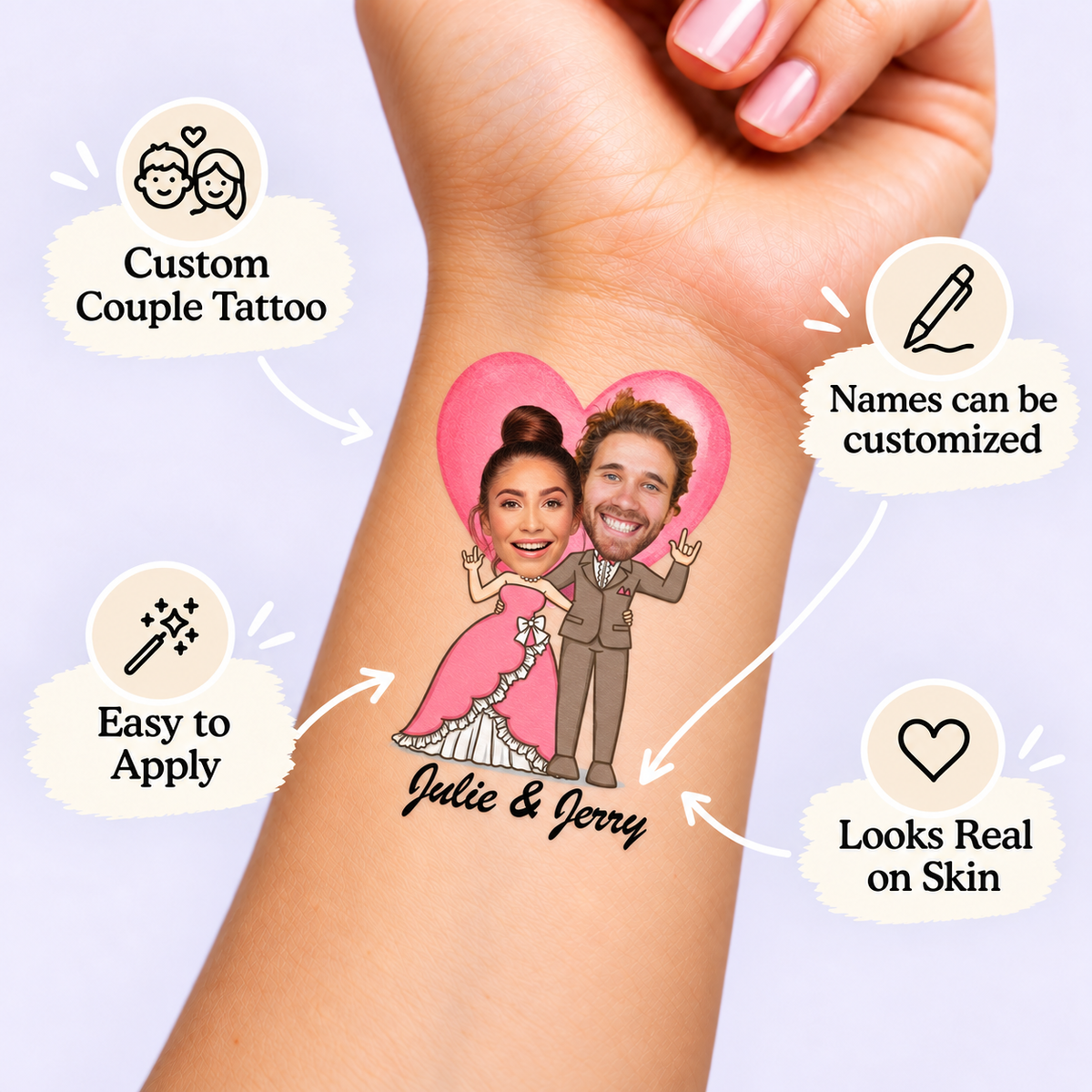 Rocking Romance Heart temporary tattoo personalization guide: custom couple tattoo; names can be customized. Easy to apply.