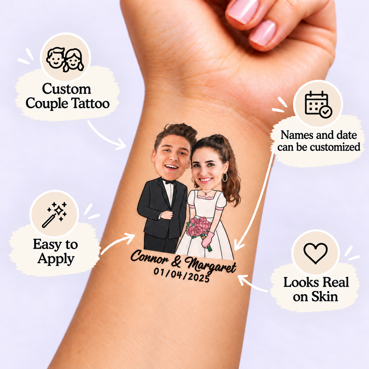 Classic Romantic Couple temporary tattoo personalization guide: custom couple tattoo; names and date can be customized. Easy to apply.