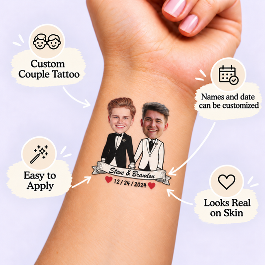 Grooms in Tuxedos temporary tattoo personalization guide: custom couple tattoo; names and date can be customized. Easy to apply.