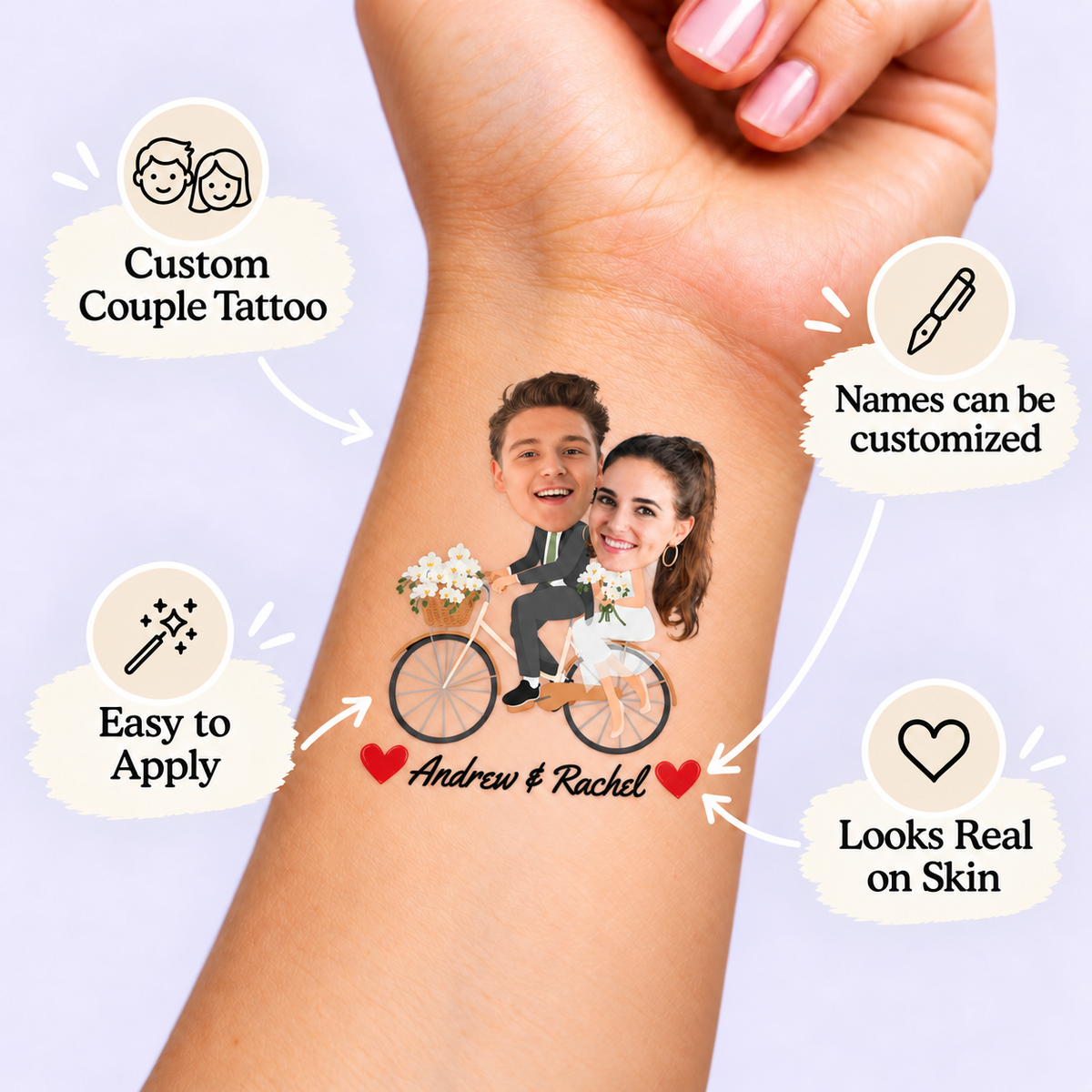 Whimsical Bicycle Journey temporary tattoo personalization guide: custom couple tattoo; names can be customized. Easy to apply.