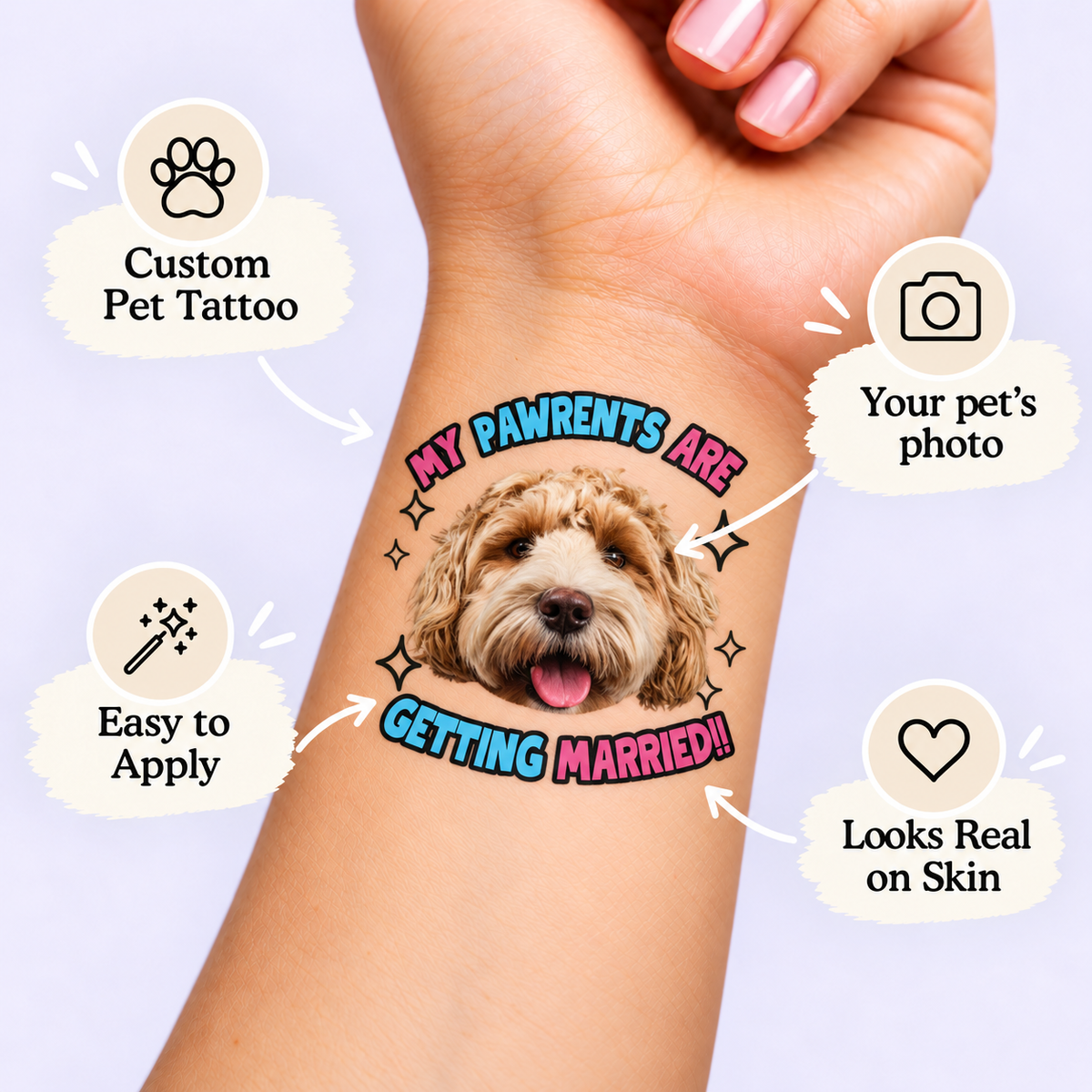 Furry Witness temporary tattoo personalization guide: custom pet tattoo; your pet's photo. Easy to apply.