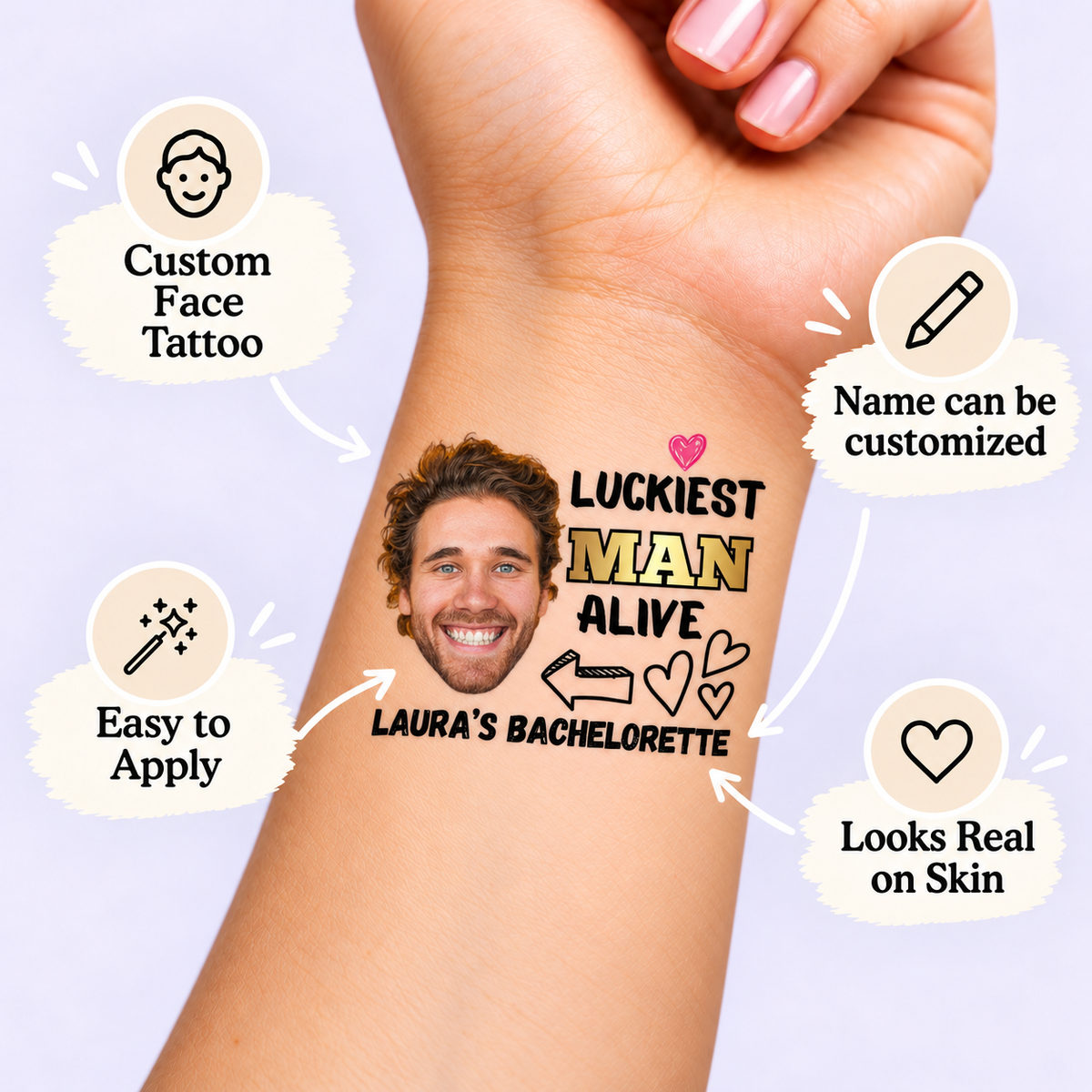 Luckiest Man Alive temporary tattoo personalization guide: custom face tattoo; name can be customized. Easy to apply.