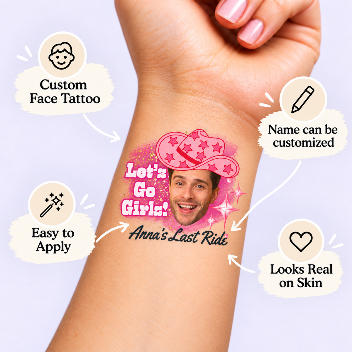 Last Ride · Pink Cowboy temporary tattoo personalization guide: custom face tattoo; name can be customized. Easy to apply.