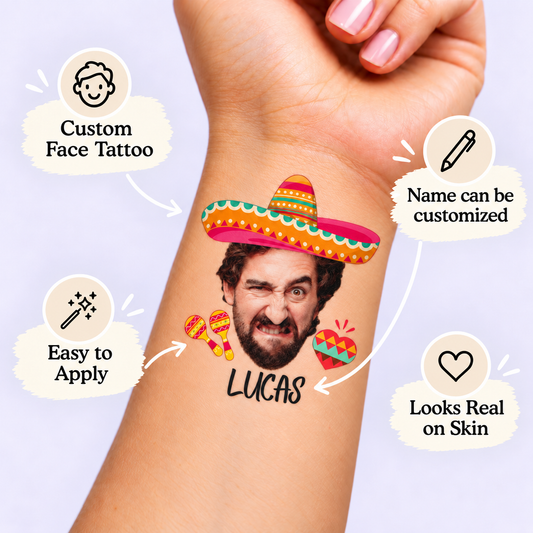 Fiesta temporary tattoo personalization guide: custom face tattoo; name can be customized. Easy to apply.