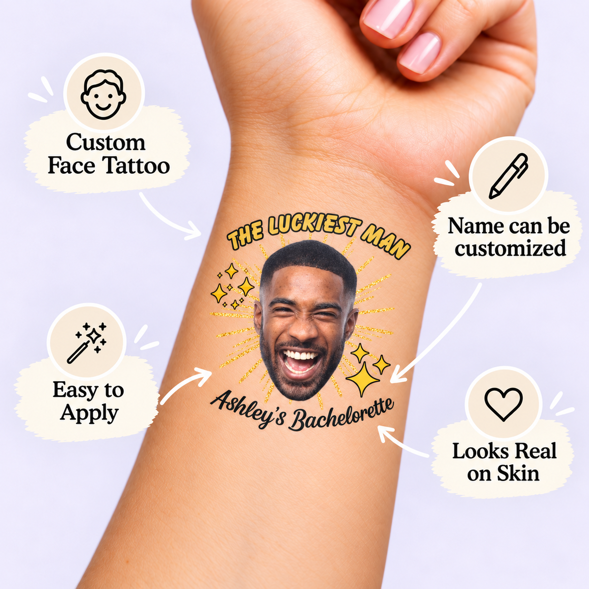 Luckiest Man Starburst temporary tattoo personalization guide: custom face tattoo; name can be customized. Easy to apply.