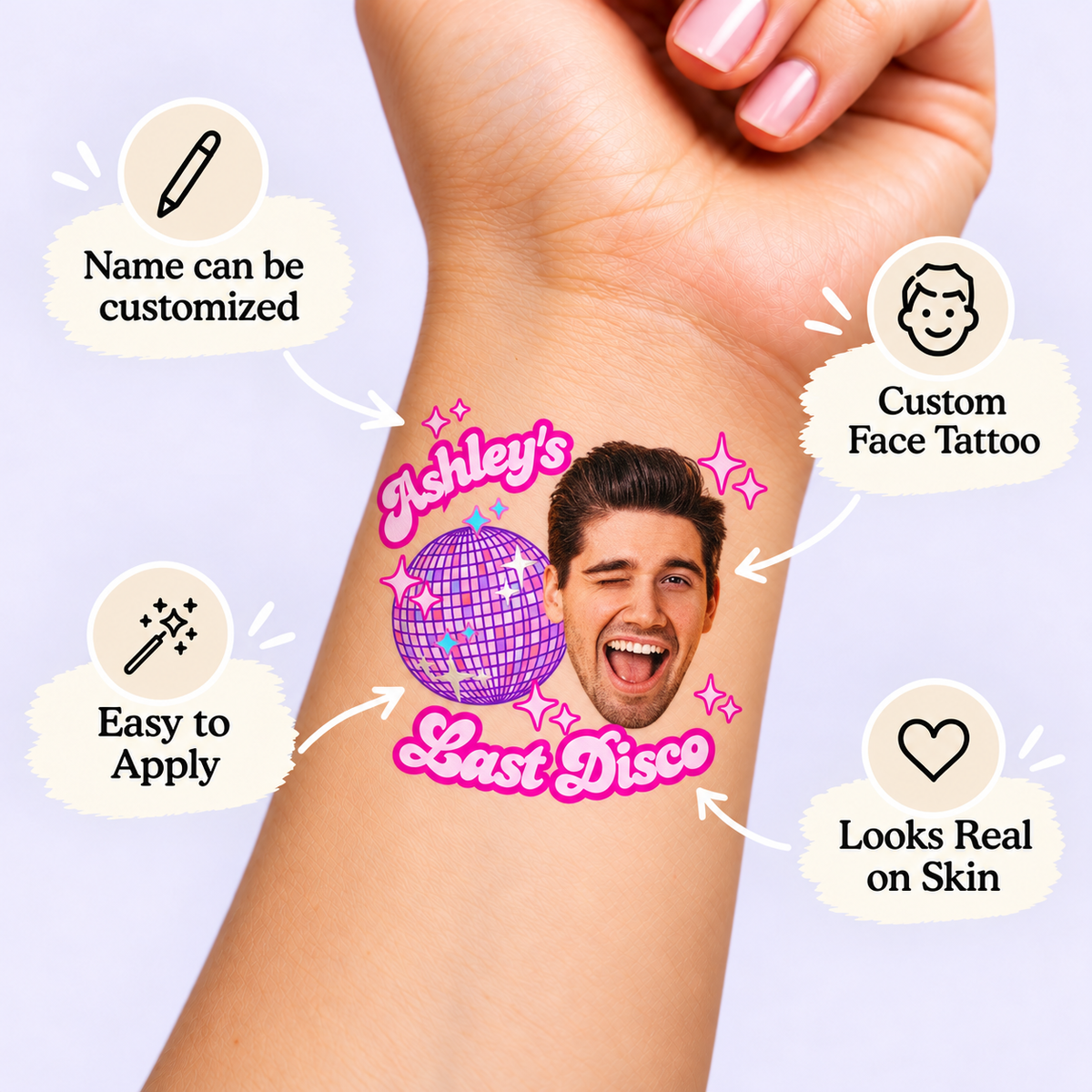 Last Disco temporary tattoo personalization guide: custom face tattoo; name can be customized. Easy to apply.